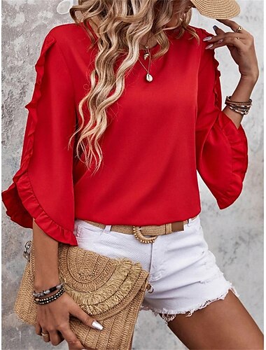  Dame Bluse Helfarge Elegant Daglig Stilfull 3/4 ermer Crew-hals Vanlige topper Arbeid Daglig Ferie Svart Rød Grønn Kakifarget Sommer Vår Høst
