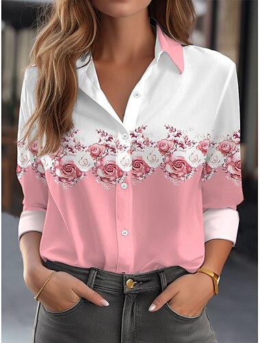  Femmes Chemise Fleuri Occasionnel manche longue Col de chemise Hauts Réguliers Travail Quotidien Boutons Imprimé Rose Claire Printemps Automne Hiver