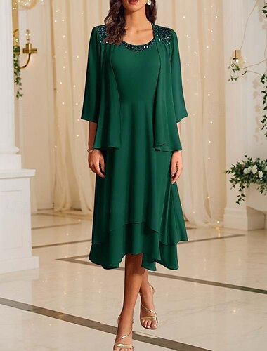  Vestido de dos piezas para la madre de la novia Formal Invitada de boda Elegante Vintage Cuello redondo Longitud de té Chifón Manga media Chaqueta Vestidos con lentejuelas volantes en cascada 2025