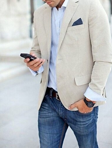  Blazer de lino para hombre chaqueta deportiva moda casual de verano blazer de color sólido beige ajuste entallado de un solo botón