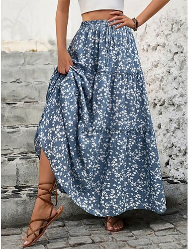  Femme Jupe Trapèze Balançoire Bohême Décontractées Maxi Taille haute Jupes Floral Imprimer Micro-élastique Plein Air du quotidien Noir Bleu Eté Polyester