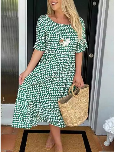  Women's Midi Dress Casual Dress Stylish Casual Vacation Daily Regular Fit Plaid Half Sleeve Crew Neck Yellow Red Blue Green Summer