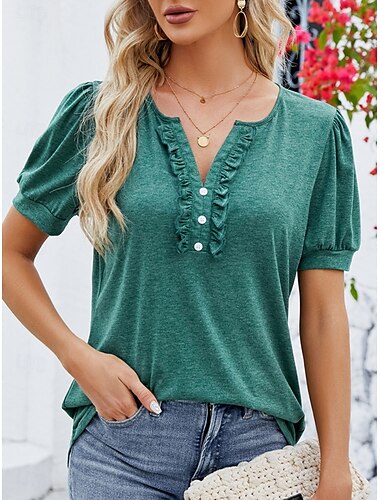  Femme T shirt Plein basique Décontractées Manche Courte Col V Hauts réguliers du quotidien Fin de semaine A Volants Boutons Vin Vert Eté
