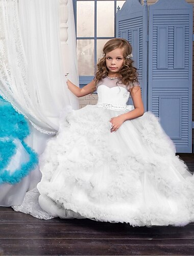  Flower Girl Dress Kid's Girls' Princess Dress Performance Wedding Party Elegant Beautiful Mesh Solid Color Sleeveless Off Shoulder White Pink 4 years+