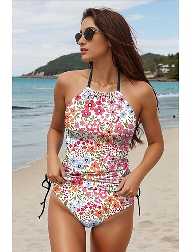  Maillots de bain pour femmes Tankini 2 pièces Maillot de bain échancré Dos nu Vacances Plage Imprimé floral Halter Col Sans manches