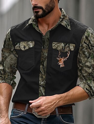  Per uomo Mimetico Camicia occidentale Camicia da cowboy Manica lunga Occidentale Sportivo Primavera Autunno Collo ripiegabile Abbottonare 2 tasche Nero Marrone Verde
