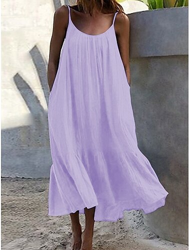  Damen Maxikleid Baumwoll-Leinen-Kleider Freizeitkleid Trägerkleid Unterkleid Basic Lässig Urlaub Täglich Normale Passform Einfach Ärmellos U-Ausschnitt Schwarz Weiß Blau Purpur Sommer
