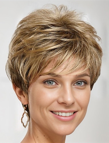  Perruque lauren Whisperlite perruque courte et pleine d'entrain avec des couches de morceaux richement texturées et une frange vaporeuse sur le côté / nuances multi-tons de blond argenté marron et