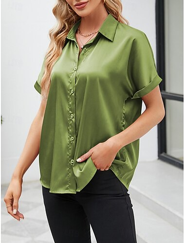  Women's Shirt Blouse Solid Color Business Modern Casual Short Sleeve Shirt Collar Regular Tops Work Formal Wear Buttons Wine Summer Spring