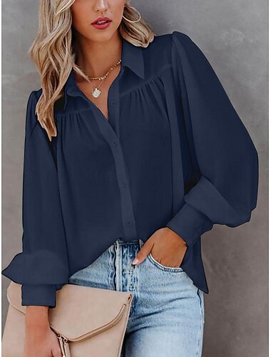  Damen Hemd Bluse Feste Farbe Stilvoll Brautkleider schlicht Langarm Hemdkragen Normale Oberteile Täglich Knopf Schwarz Weiß Marineblau Staubiges Blau Purpur Sommer Frühling