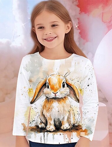  Easter Girls' 3D Graphic Animal Rabbit T shirt Tee Long Sleeve Spring Fall Fashion Basic Kids 4-12 Years Crew Neck Outdoor Casual Daily Regular Fit