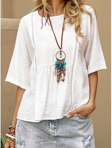  Dames Overhemd Blouse Katoenen linnen overhemden Effen Kleur Basic Casual 3/4 mouw Strakke ronde hals Normale tops Dagelijks Wit Zomer Lente