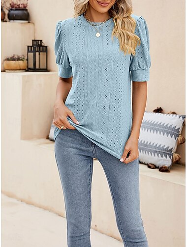  Mujer Blusa Color sólido Elegante Casual Manga Corta Cuello Barco Tops regulares Trabajo Diario Festivos Ahuecado Blanco Amarillo Rosa Azul Piscina Verano Primavera Otoño