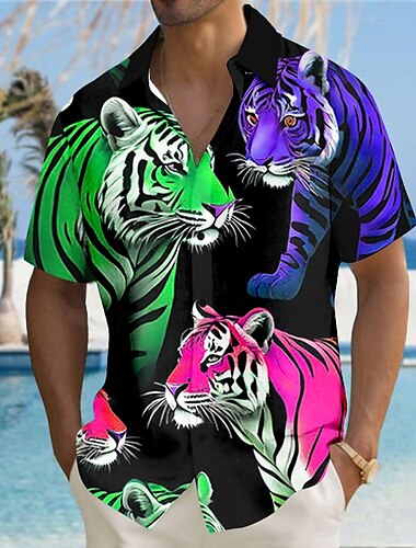  Herren Tier Tiger Hemd Knopfhemd Kurzarm Modisch lässig Urlaub Strassenmode Strandbekleidung Sommer Herbst Umlegekragen 3D-Druck Hemden mit Kragen Eine Tasche vorne Schwarz Gelb Rosa Blau