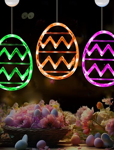  Lámpara de huevo de Pascua colorida que funciona con pilas para ventanas, lámpara decorativa para interiores con ventosa y pilas AAA para fiestas y ambientes de restaurantes, decoración del hogar