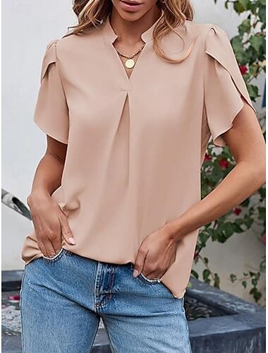  Damen Hemd Bluse Feste Farbe Basic Brautkleider schlicht Kurzarm Gekerbter Hals Normale Oberteile Täglich Rosa Grün Sommer
