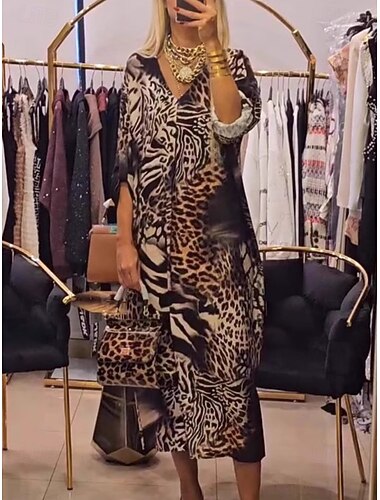  Per donna Vestito maxi Abito casual Vestito a trapezio Moda Informale Da mare Ufficio Giornaliero Morbido Leopardo Manica lunga A V Leopardo Estate Primavera Autunno