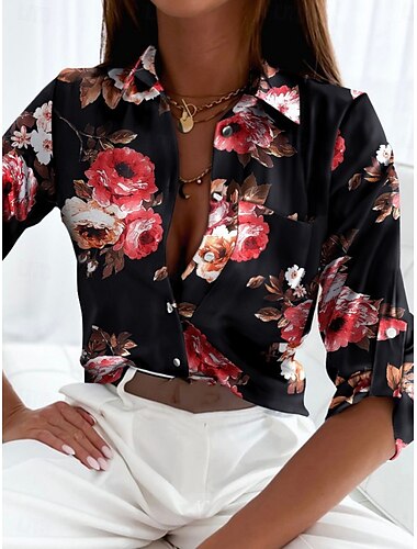  Mujer Camisa Blusa Floral Geométrico Elegante Casual Manga Larga Cuello Camisero Tops regulares Diario Botones Estampado Negro Azul Piscina Verde Trébol Verano Primavera