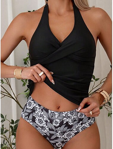 Femme Maillots de Bain 2 pièces Slip Brésilien Maillot de bain Dos Nu Taille haute Mince Vacances Tenues de plage Floral Dos nu Sans Manches Maillots de bain