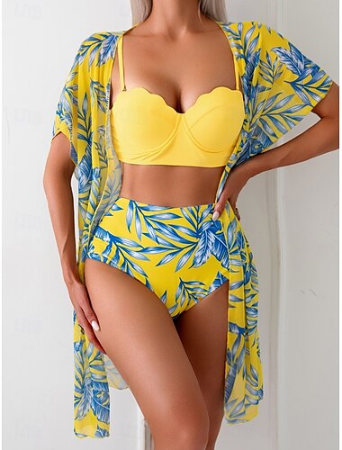  Femme Maillots de Bain Bikinis Trois pièces Slip Brésilien Maillot de bain Dos Nu Mince Taille haute Vacances Tenues de plage Feuilles Col V Sans Manches Maillots de bain