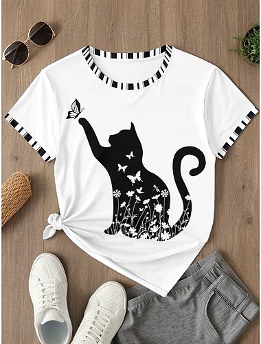  Femme T shirt Animal Chat Décontractées Manche Courte Col Rond Hauts réguliers du quotidien Imprimer Noir et blanc Eté Printemps