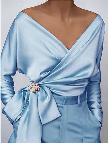  Damen Bluse Feste Farbe Elegant Sport Täglich Langarm V Ausschnitt Normale Oberteile Täglich Vorne binden Rosa Blau Sommer Frühling Herbst
