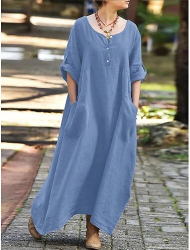  Per donna Abito maxi Misto cotone Vestito a caftano Vestito Casual Essenziale Casual Quotidiano Vacanza Vestibilità comoda Semplice Manica Lunga Scollo a V Blu Bianco Marrone Verde Primavera Autunno