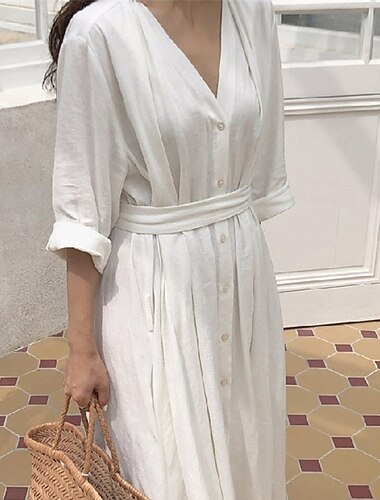  Femmes Robe Longue Maxi Robe Robes inspirées du lin Robe Blanche Robe Décontractée Élégant Occasionnel Vacances Quotidien Date Coupe régulière Uni manche longue Col en V Noir Blanche Été Printemps