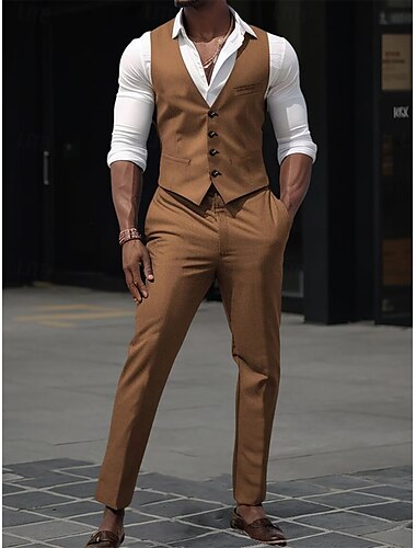  Chalecos de Hombre Trajes de Boda para Padrinos Traje Casual Trajes de Regreso a Casa Marrón de Color Sólido 2 Piezas Moda Diaria Formal Ajuste Estándar