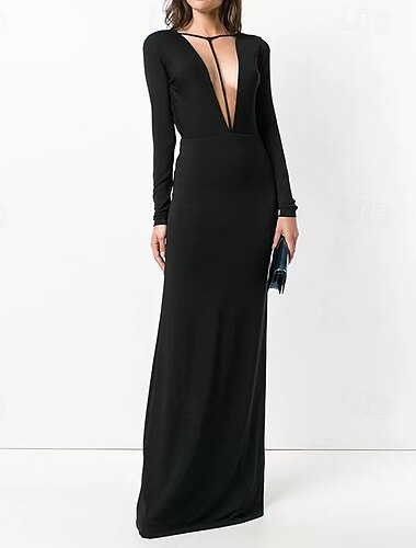  Sheath / Column Evening Gown Elegant Dress Evening Party Black Tie Gala Floor Length Long Sleeve V Neck Wednesday Addams Family Cotton Blend Backless with Criss Cross Slit Strappy