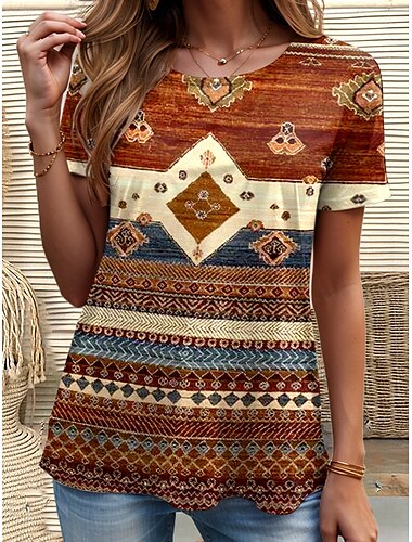  Damen T Shirt Vintage Brautkleider schlicht Kurzarm Rundhalsausschnitt Normale Oberteile Täglich Bedruckt Braun Sommer