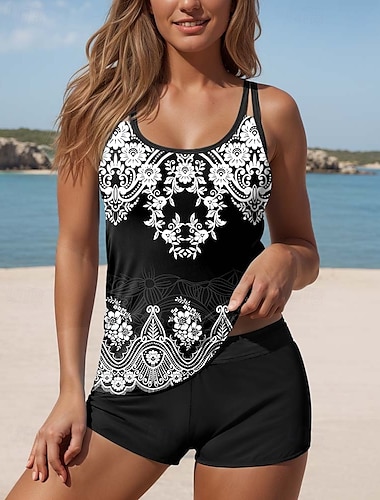  Maillots de bain femmes Tankini 2 pièces Maillot de bain à jambe de garçon Dos nu Vêtements de plage vacances Géométrique Col en U Sans manches