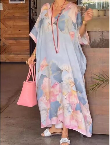  Damen Maxidress Casual kleid Etuikleid Stilvoll Brautkleider schlicht Urlaub Täglich Verabredung Lockere Passform Blumen Kurzarm V Ausschnitt Rosa Blau Sommer Frühling