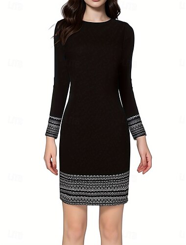  Damen Minikleid Etuikleid Brautkleider schlicht Lockere Passform Langarm Rundhalsausschnitt Schwarz Frühling Herbst Winter