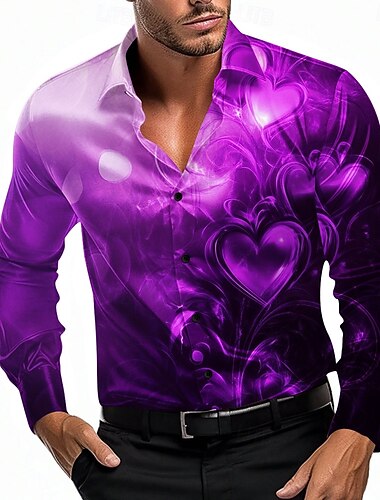  Valentinstag Herren Herz Liebe Farbverlauf Satinhemd Knopfhemd Langarm Modisch lässig Party Geschenk Festtage Frühling Herbst Umlegekragen 3D-Druck Violett Rosa Rote Blau