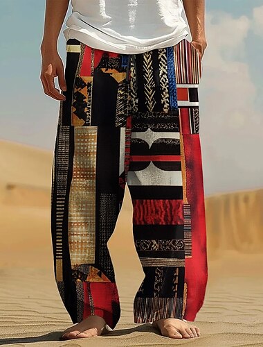  Homens Bloco de cor Retalhos Estampa Geométrica Calças Calça casual Cintura elástica com cordão Havaiana Étnico Vintage retrô Ao ar livre Streetwear Férias Bolsos laterais Calças de perna reta Verão