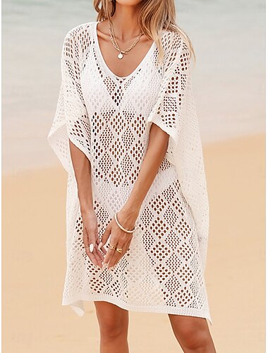  Mulheres Roupa de Banho Cobertura Vestido de Banho roupa de banho Com Corte Férias Roupa de Praia Tecido Decote Redondo Manga Curta Fatos de banho