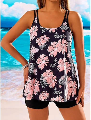  Damen Badeanzüge Schwimmdresses 2-teilig Tankini Schwimmanzug rückenfrei Urlaub Strandmode Floraler U-Hals ärmellose Badeanzüge