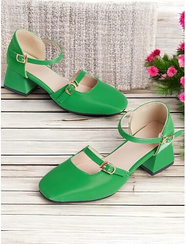  Damenschuhe im Retro-Stil mit Blockabsatz im Mary-Jane-Stil – leuchtend grünes Lackleder mit verstellbaren Riemen, perfekt fürs Büro, Partys und lässige Outfits