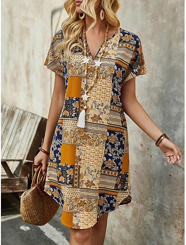  Dames Mini-jurk Vintage Jurk Boho-jurk Bohemen Vintage Stijlvol Vakantie Dagelijks Ruim Passend Bloemig Korte mouw V-hals Geel Zomer
