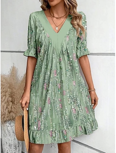  Women's Mini Dress Summer Dress Casual Daily Regular Fit Floral Striped Half Sleeve V Neck Red Light Brown Blue Green Summer Spring