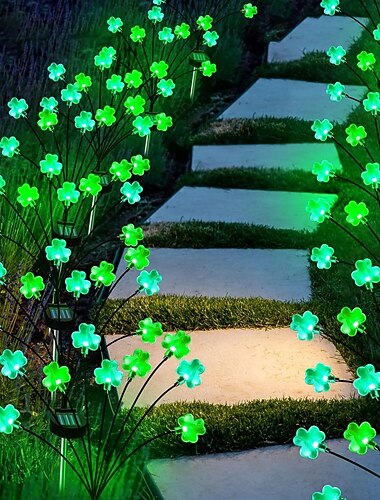  2 Stück Solar-Gartenleuchten im irischen St. Patrick's Day-Stil mit 8 schwingenden Kleeblatt-Motiven, 76 cm (30 Zoll), für Garten, Rasen, Gartenwege, Partys, Feiertage und als stimmungsvolle