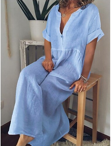  Femmes Robe maxi Robes en coton et lin Robe Décontractée Basique Occasionnel Vacances Quotidien Coupe régulière Uni Manche Courte Col en V Noir Blanche Violet Bleu clair Été