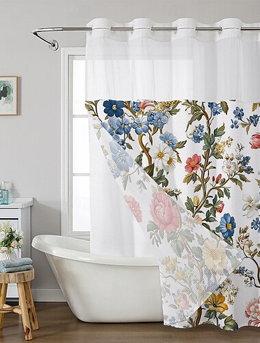  Bloem Wafel-Weef Textuur Douchegordijn Set met Insteek Voering Transparante Raam Waterafstotend Polyester Mix Stof,Oogjes Bovenkant,120GSM Hotel Kwaliteit Spa Stijl Badkamer Scheiding Geen Haakjes