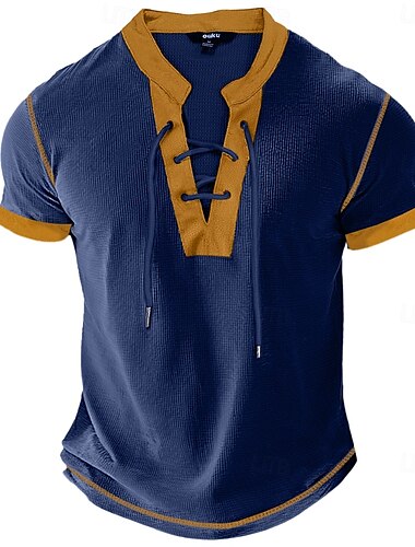  Bărbați Tricou Waffle Cămașă Henley Cămașă cu mânecă scurtă Tee Top Manșon scurt În V Vară Peteci Modă Zilnic Cu Șiret Cordon În aer liber Stradă Casual Negru Alb Bleumarin Top tricou pentru bărbați