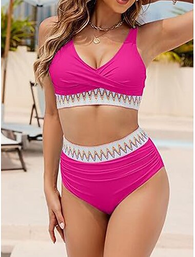  Damen Badeanzug Bikinis 2 Stück Cheeky-Bikinihose Bademode Rückenfrei Hohe Taillenlinie Schlank Urlaub Strandbekleidung Feste Farbe V Ausschnitt Ärmellos Badeanzüge