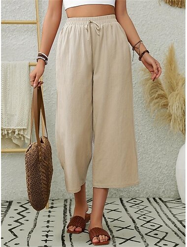  Damen Weite Hosenbeine Chinos Mode Streetwear Stilvoll Wadenlang Mittlere Taillenlinie Einfach Kordelzug Tasche Bequem Weich Mikroelastisch Outdoor Straße Aprikose Sommer Frühling Normale Passform