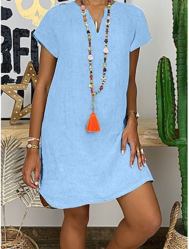  Femmes Mini Robe Robes en coton et lin Robe Décontractée Élégant Basique Occasionnel Vacances Travail Quotidien Coupe régulière Uni Manche Courte Col en V Blanche Jaune Bleu Vert Été Printemps
