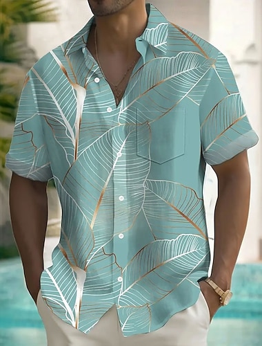  ouku herr palmblad tropiska växter sommar hawaiisk skjorta uppknappad skjorta kortärmad hawaiian resort semester semester strand slitage sommar vår turndown krage skjortor fram en ficka rosa blå