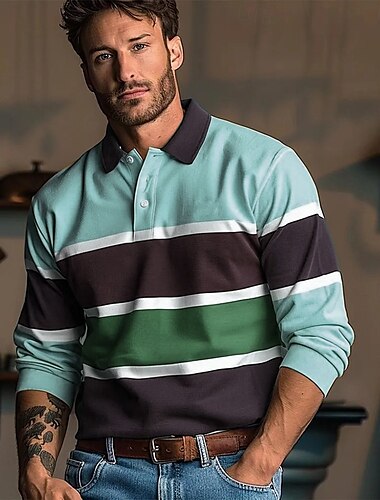 Herren Streifen Rugby-Poloshirt Langarm Polo-Shirts Hemden mit Kragen Lässig Outdoor Athleisure 3D-Druck Frühling Herbst Winter Gelb Blau Grün